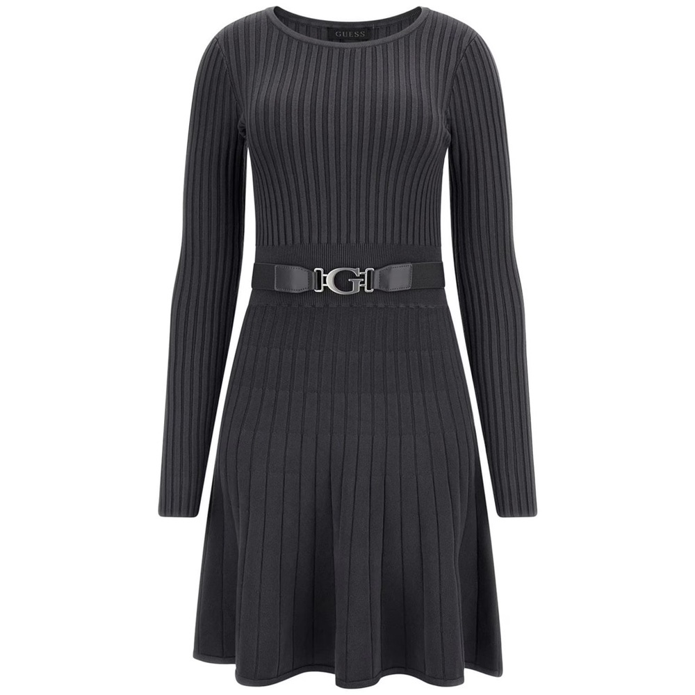 Guess Ribbed Knitted Dress with Belt - Dark Gray